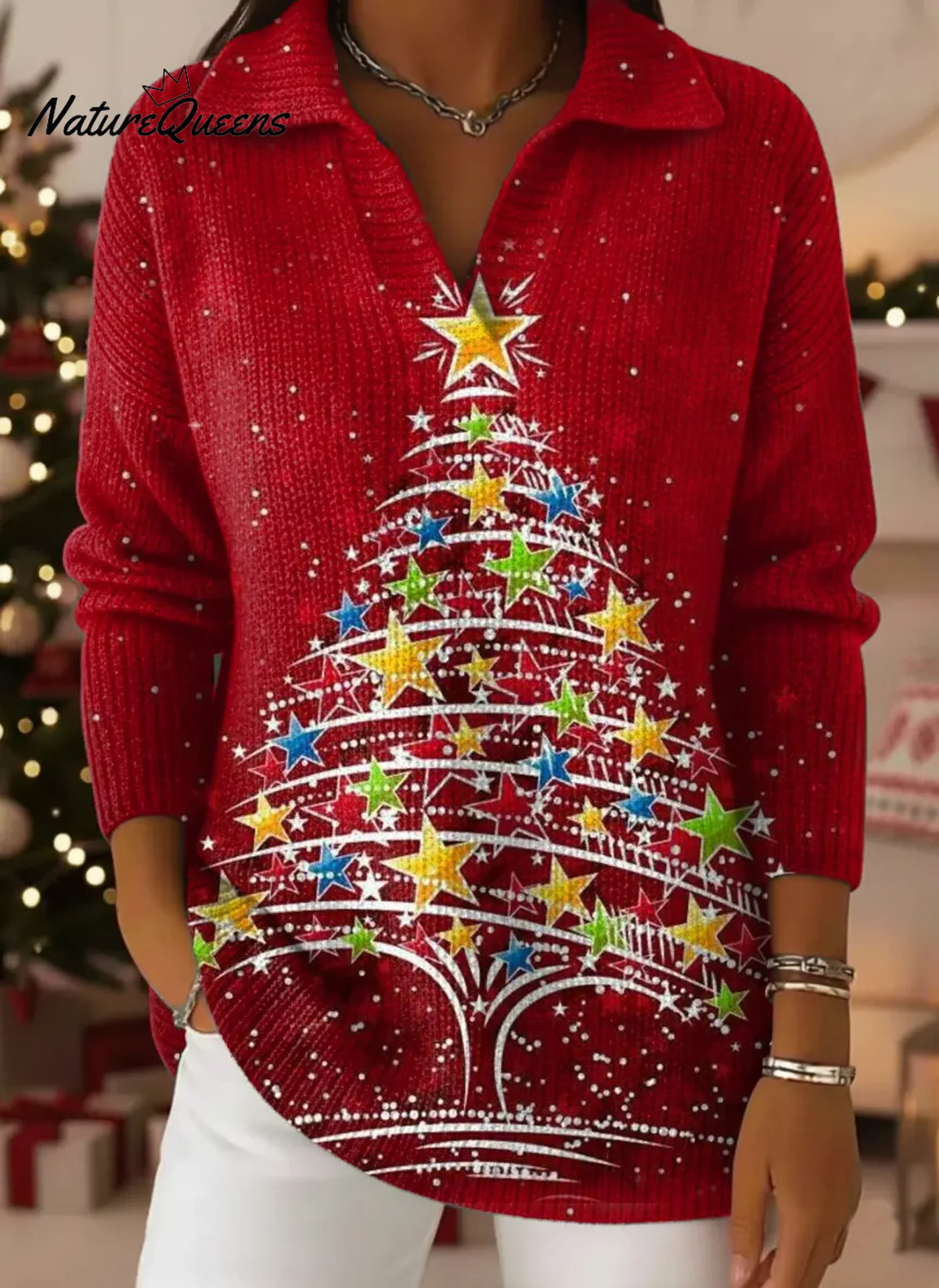 Women's VintageChristmas TreeArt Print Casual Sweater