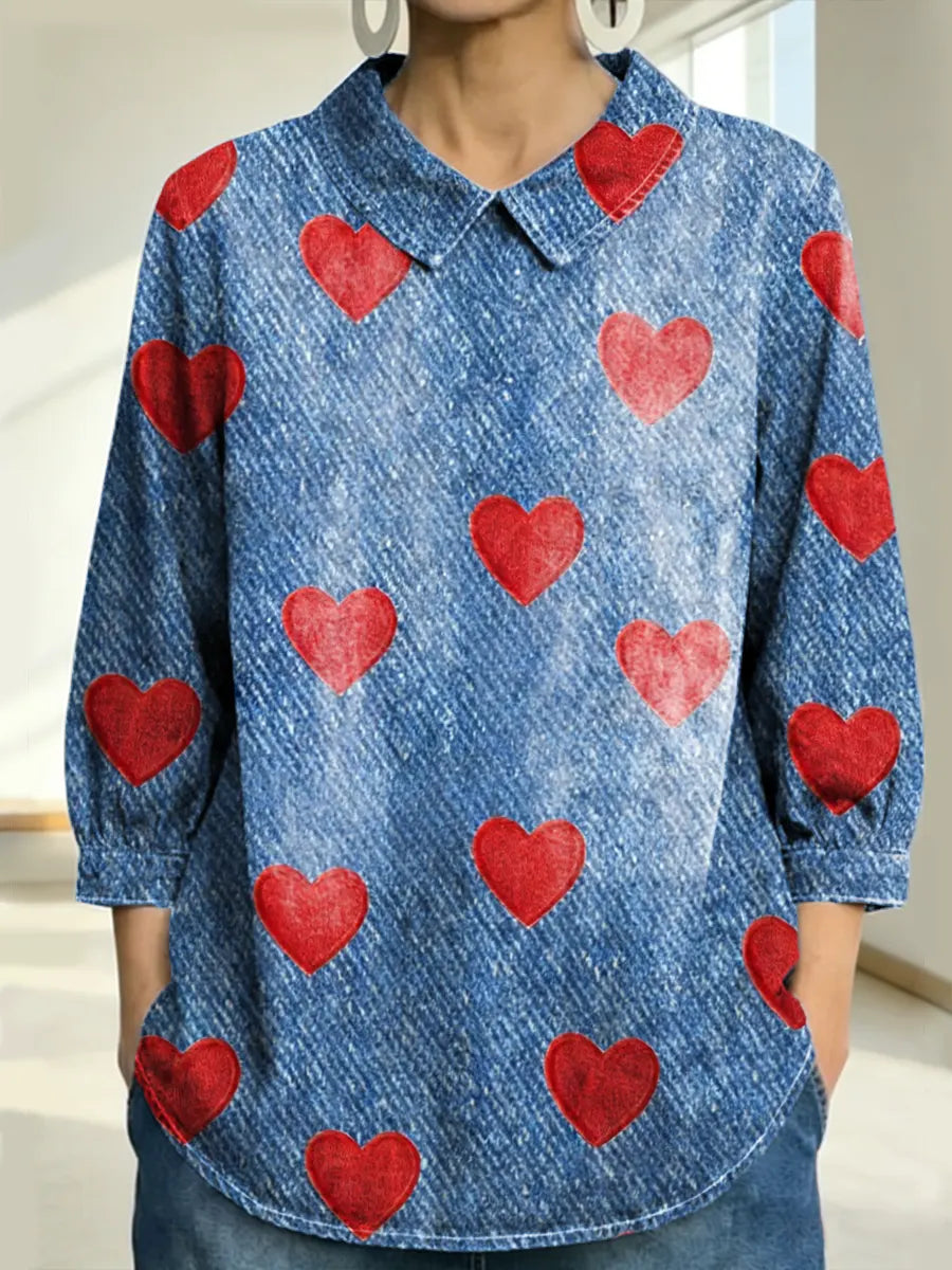 Women's Hearts Love Pattern Art Print Casual Denim 3/4 Sleeve Shirt