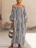 Casual Vacation Off-the-shoulder Striped Linen Dress