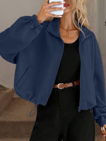 Women's High-neck Zippered Hem Drawstring Pocket Loose Coat