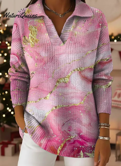 Gradient Pink Print Lapel Casual Knit Sweater