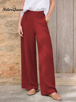 Women's Solid Color High-waisted Casual Loose Cotton And Linen Wide-leg Pants