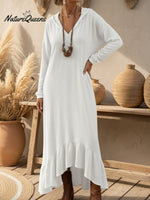 Boho Casual Loose-fitting Hooded Ruffled Hem Linen Dress