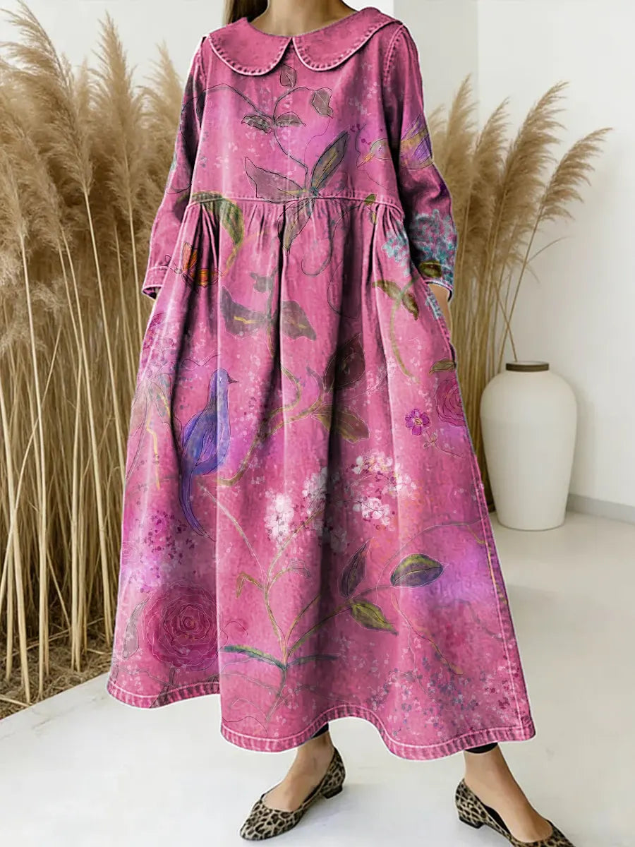 Women Floral Pattern Art Print Casual Denim Dress