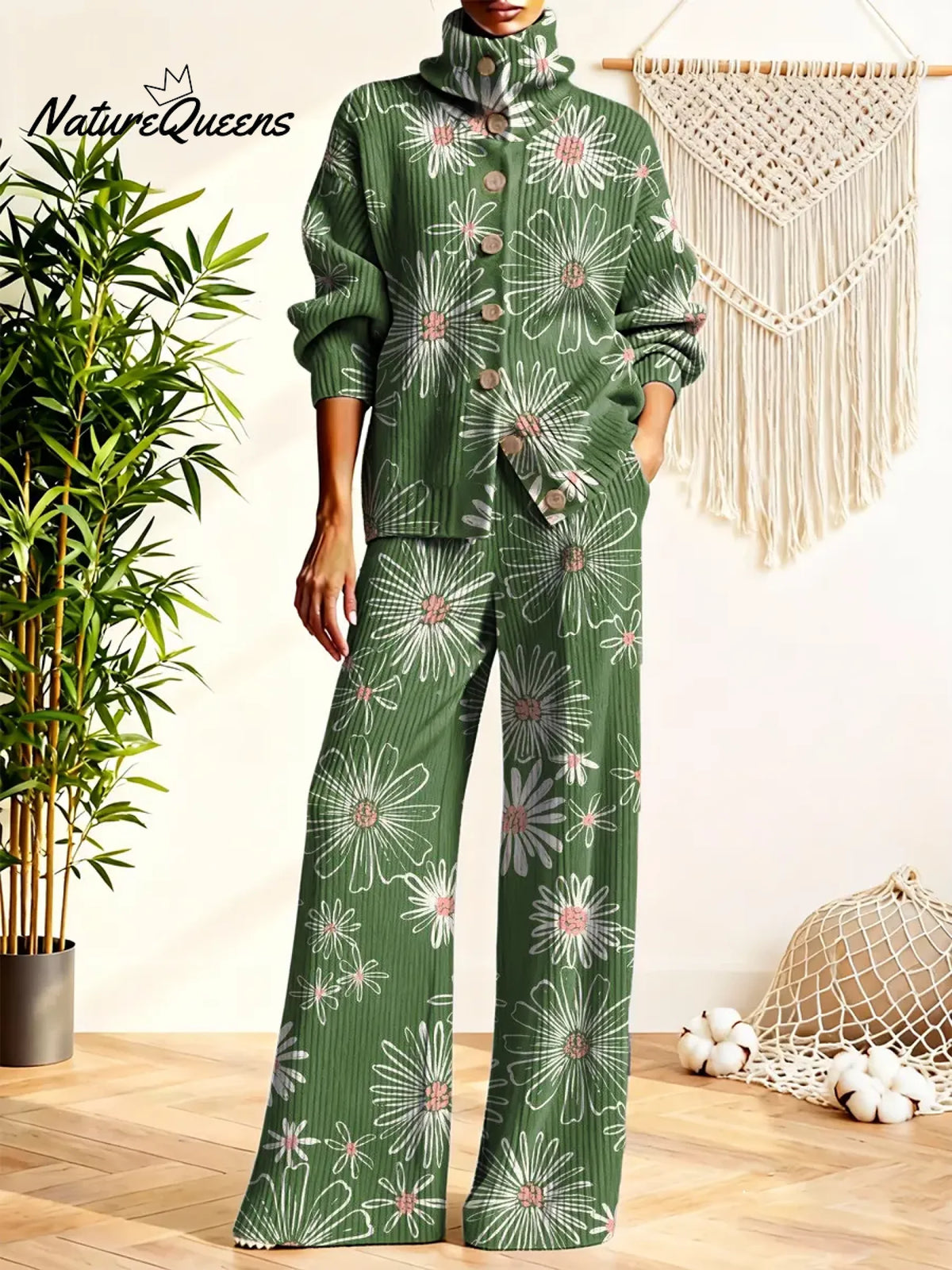 Women's Daisy Floral Pattern Art Print Casual Cotton Knitted Suits