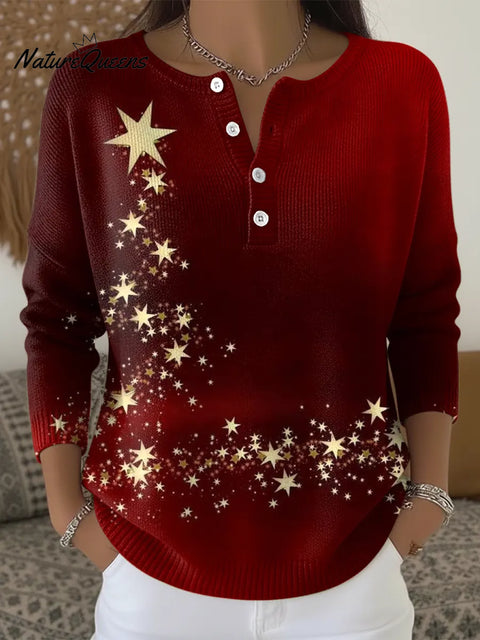 Christmas Golden Star Print Buttoned Cardigan Sweater