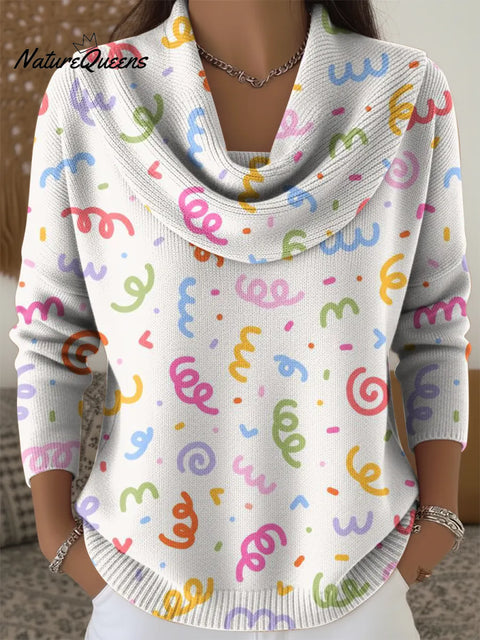 Women's Simple Colorful Fun Print Cowl Neck Sweater