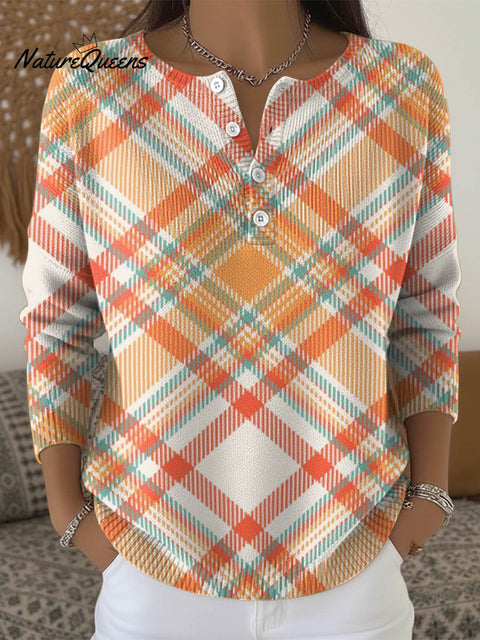 Orange-toned Diagonal Plaid Decorative Pattern Casual Cardigan Collar Long Sleeve Sweater