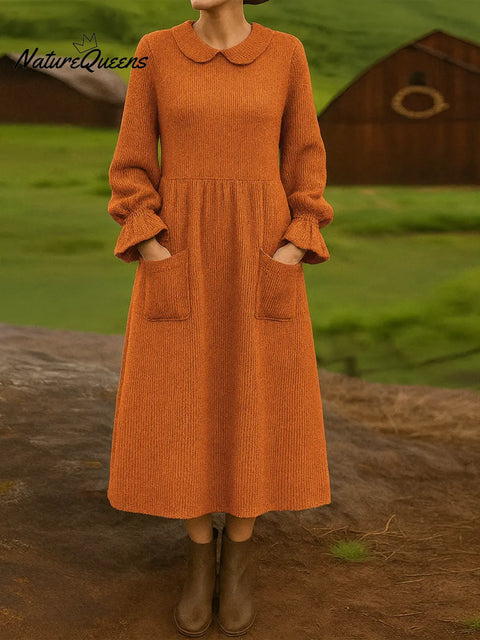 Women's Solid Color Peter Pan Collar Long Sleeve Casual Loose Pocket Knit Dress