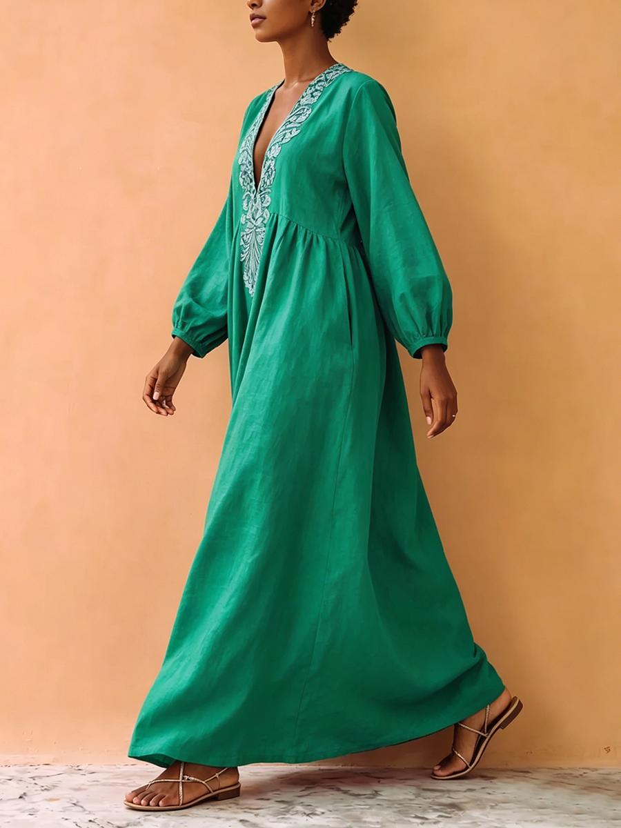 Boho Artistic Print Cotton-linen Maxi Dress
