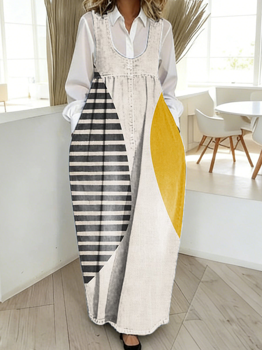 Women's Retro Geometric Art Print Casual Loose Denim Vest Dress