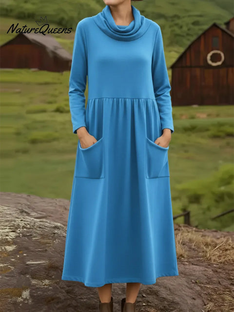 Retro Cowl Collar Pocket Stretch Midi Dress