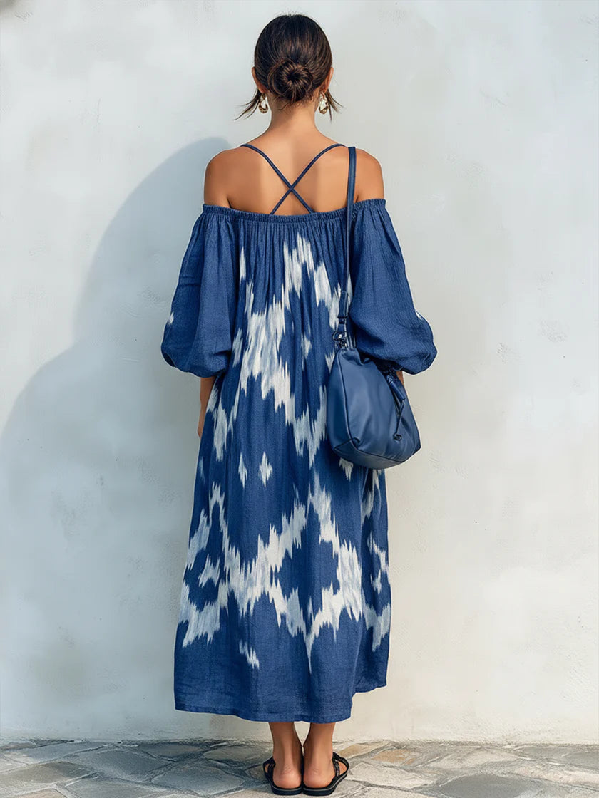 Bohemian Artistic Print Linen And Cotton Strappy Dress