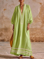 Artistic Line Color Block Loose Lantern Sleeve Maxi Dress