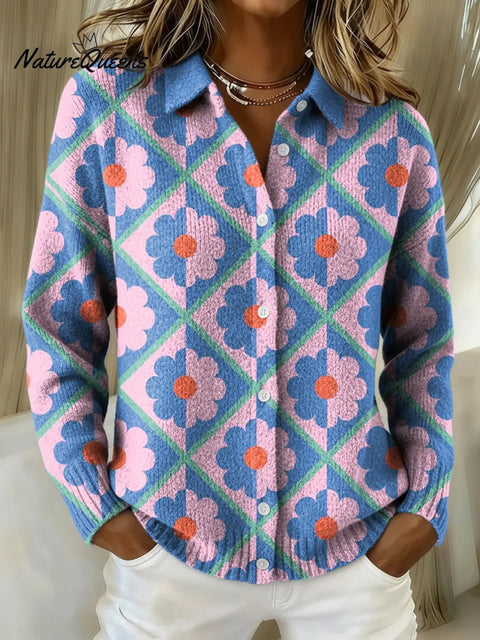 Women's Blue Geometric Small Flowers Printed Collared Sweater