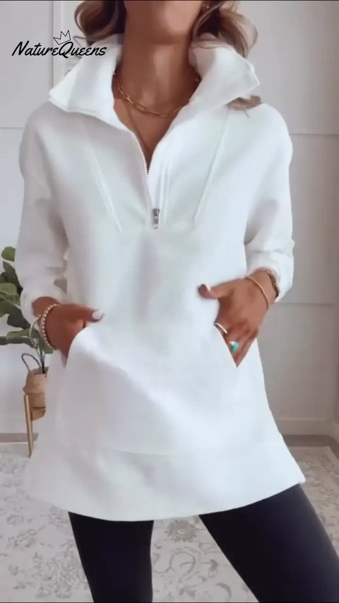 Women's Solid Color High-Neck Long-Sleeve Casual Loose Pocket Top