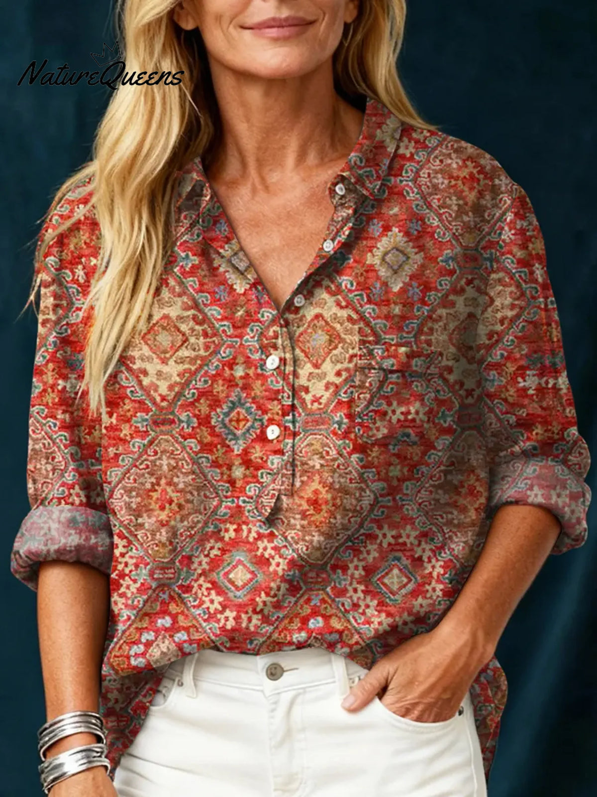 Women's Vintage FlowerArt Print Casual Cotton And Linen Shirt