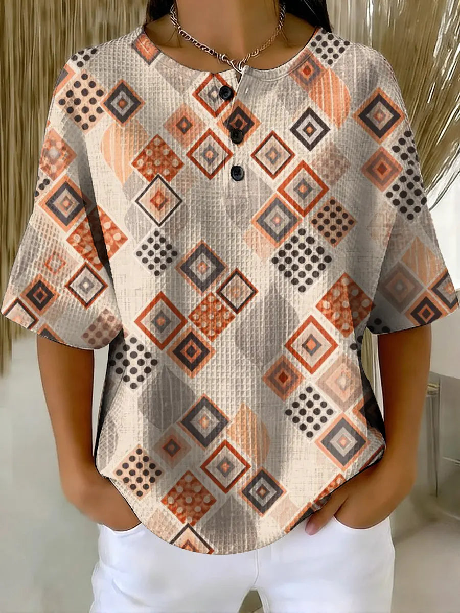Women's Vintage Pattern Art Print Casual Waffle Cotton Shirt
