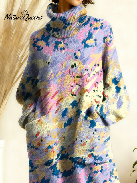 Women's Retro Floral Flowers High-neck Long-sleeve Casual Loose Knit Dress