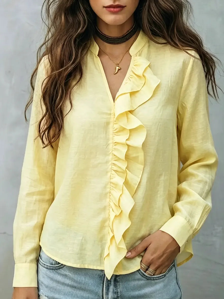 Women's Cotton-linen Shirt With Ruffle Trim