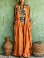 Women's Retro Ethnic Floral Pattern Art Print Casual Cotton Linen Dress