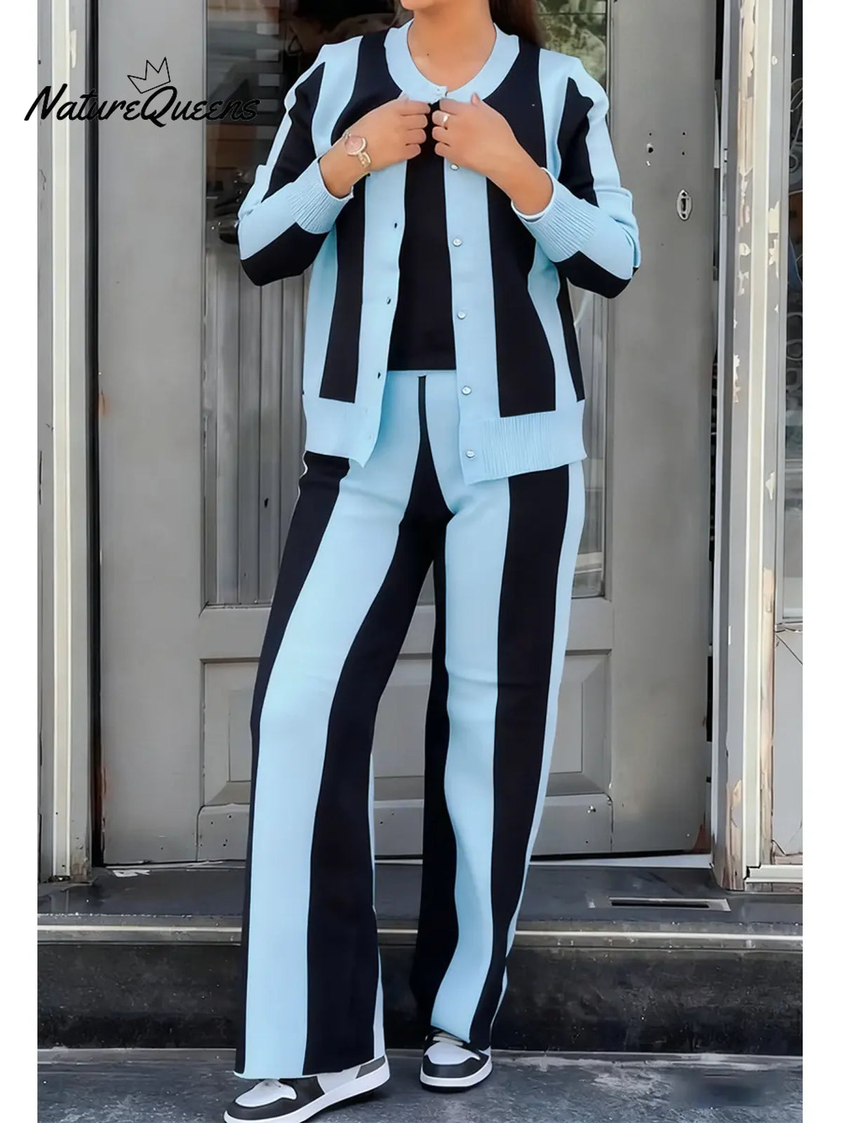 Women's Comfortable Knit Striped Cardigan And Pants Two-piece Set