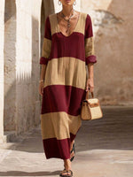 Women's Retro Color Block Art Casual Long Sleeve Maxi Dress
