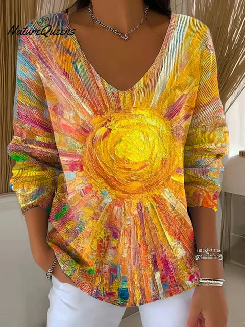Sun Art Printed Casual V-neck Sweater