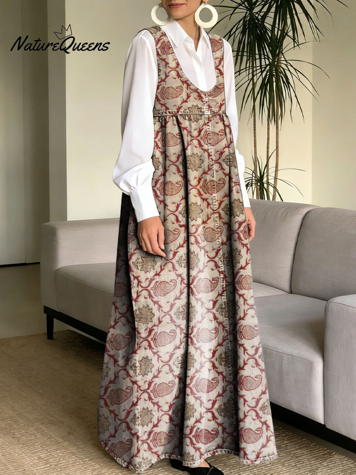 Women's Retro Splicing Colorful Flowers Pattern Art Print Casual Cotton Denim Dress