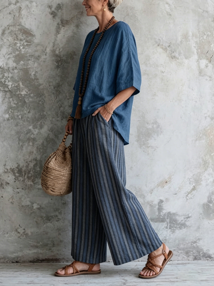 Women's Blue Tone Cotton-linen Casual Striped Set