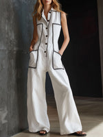Women's Lapel Sleeveless Casual Loose-fit Cotton-linen Wide-leg Jumpsuit