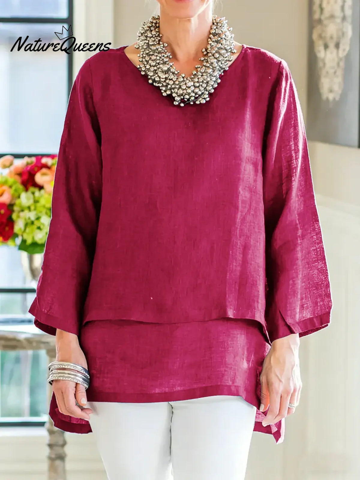 Women's Solid Color Round Neck Long-sleeved Casual Loose Cotton And Linen Patchwork Top