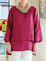 Women's Solid Color Round Neck Long-sleeved Casual Loose Cotton And Linen Patchwork Top