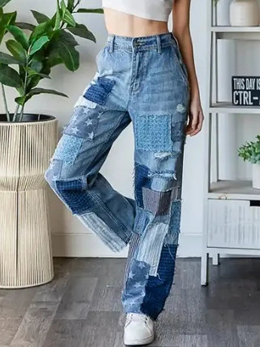 Women's Vintage Pattern Art Print Casual Cotton Denim Jeans