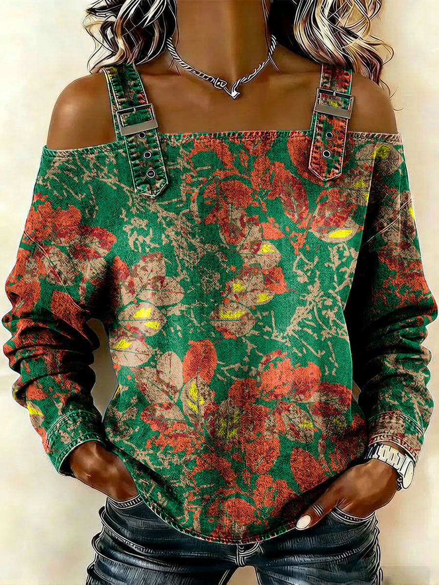 Women‘s Vintage Flowers Pattern Art Print Casual Cotton Denim Shirt