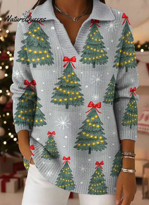 Women's Christmas Tree Pattern Art Print Casual Cotton Sweater