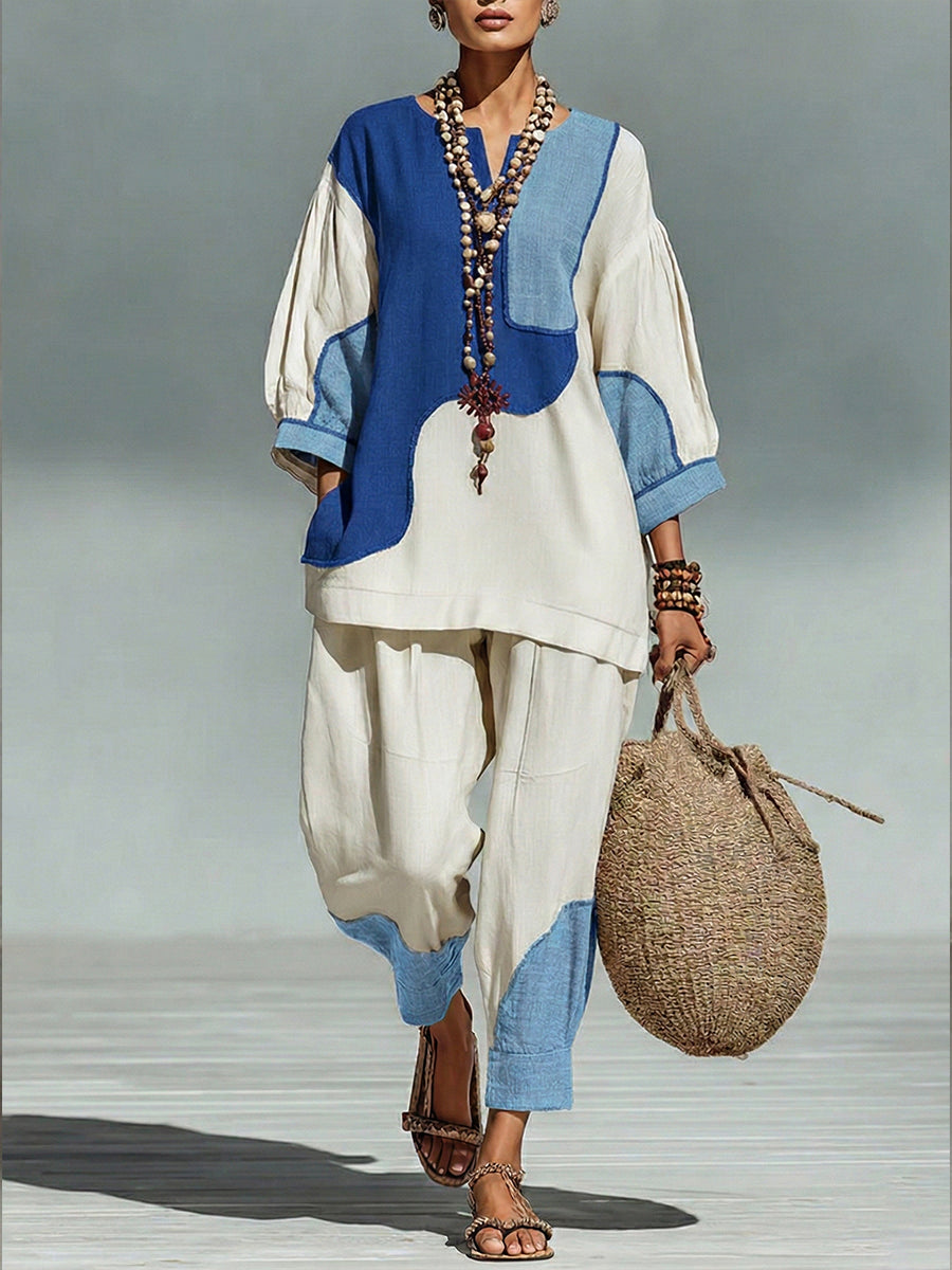 Casual Artistic Color-blocked Linen And Cotton Top And Pants Two-piece Set