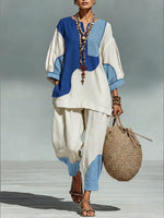 Casual Artistic Color-blocked Linen And Cotton Top And Pants Two-piece Set