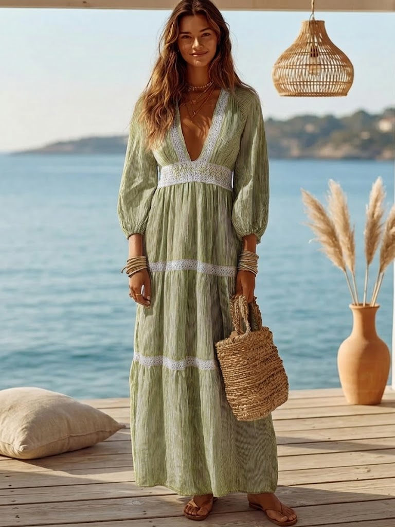 Stylish Casual Striped & Lace-trimmed Linen-cotton Maxi Dress