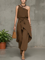 Stylish Casual Linen And Cotton One-shoulder Sleeveless Jumpsuit