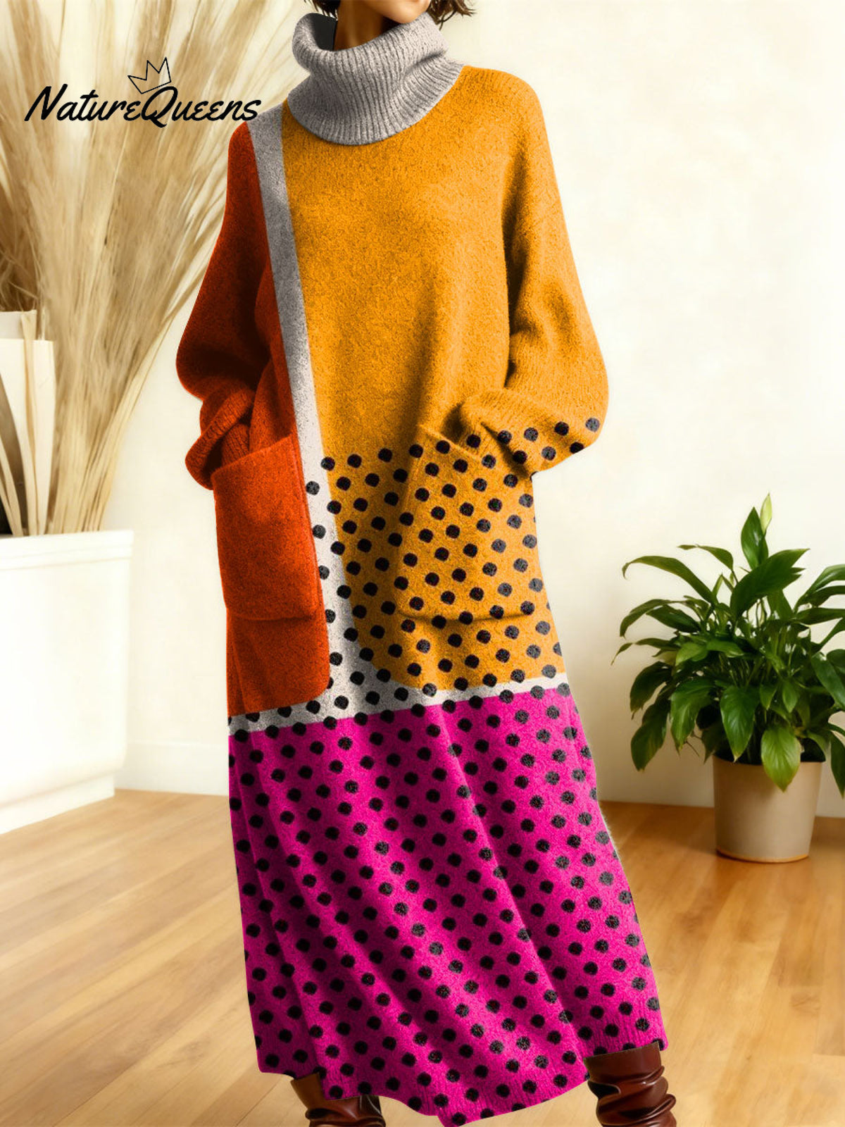 Women's Retro Abstract Geometric Colorful Splicing Patterns Art High-neck Long-sleeve Casual Loose Knit Dress