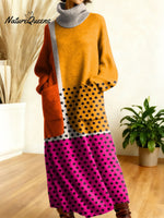 Women's Retro Abstract Geometric Colorful Splicing Patterns Art High-neck Long-sleeve Casual Loose Knit Dress