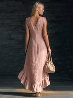 Romantic V-neck Ruffled Hem Linen-cotton Maxi Dress