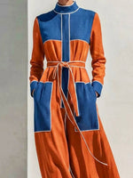 Women's Color Block Elegant Art Casual Long Sleeve Cotton Linen Dress