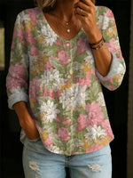 Women's Vintage Floral Pattern Art Print Casual Cotton Linen Shirt
