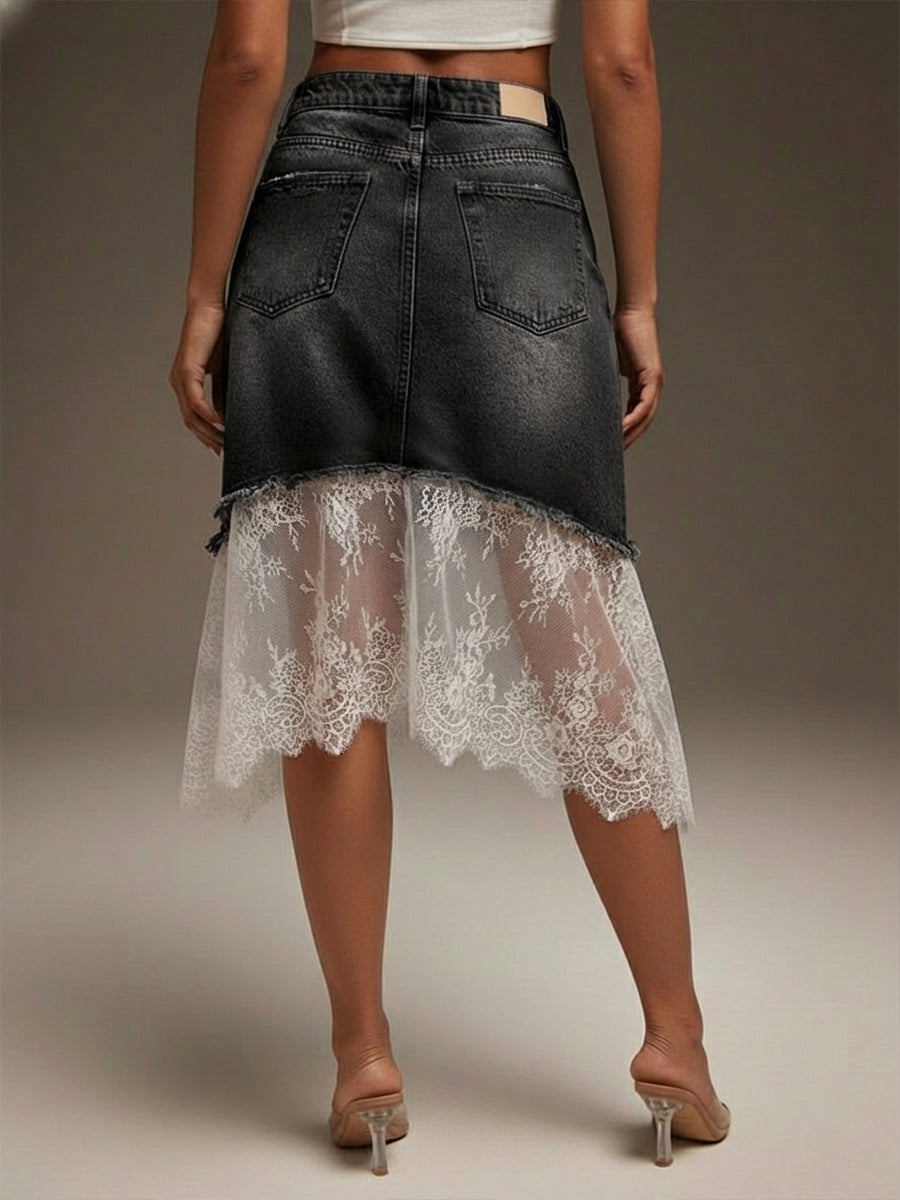 Casual Lace-paneled Denim Skirt