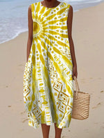 Women's Vintage Hippie Art Print Sleeveless Cotton Pocket Wrap Dress