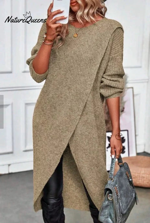 Women's Irregular Hem Round Neck Casual Sweater Dress