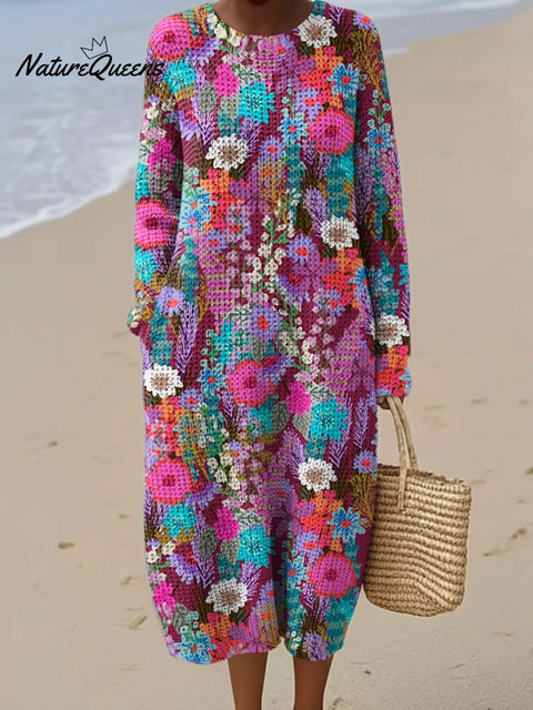 Floral Art Printed Round Neck Knit Dress