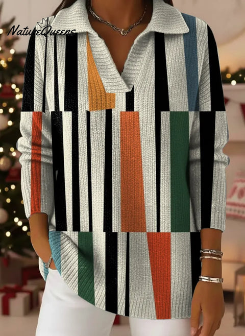 Geometric Stripes Print Lapel Casual Knit Sweater